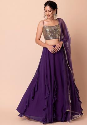 Purple Embroidered Georgette Lehenga Set