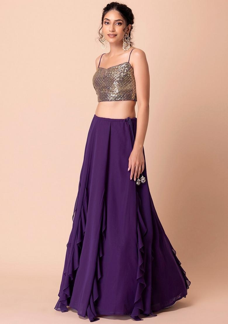 Purple Embroidered Georgette Lehenga Set - Indya