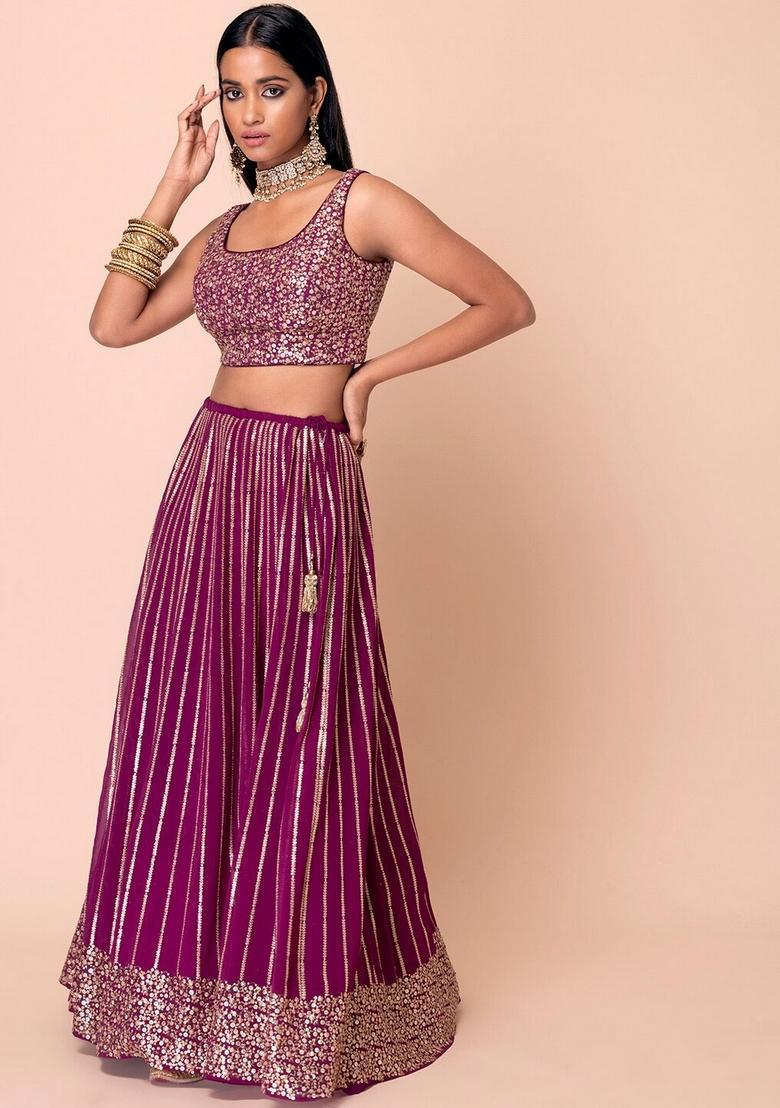 Wine Embroidered Georgette Lehenga Set - Indya