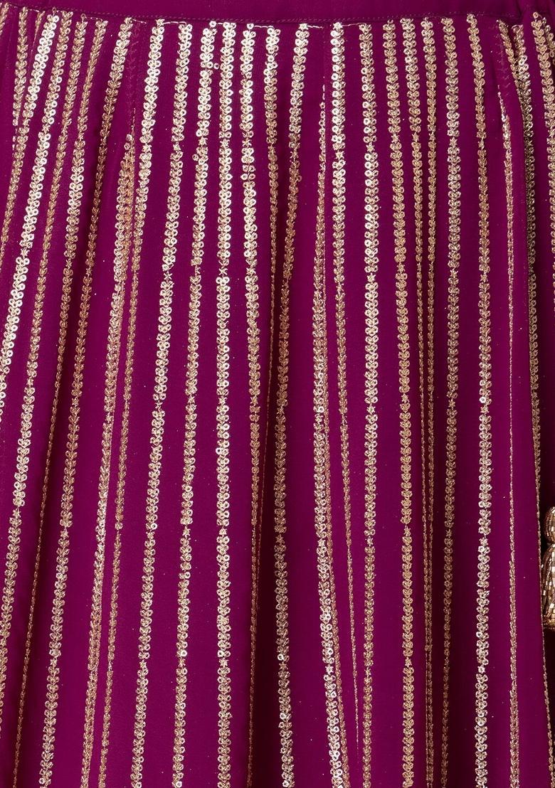 Wine Embroidered Georgette Lehenga Set - Indya