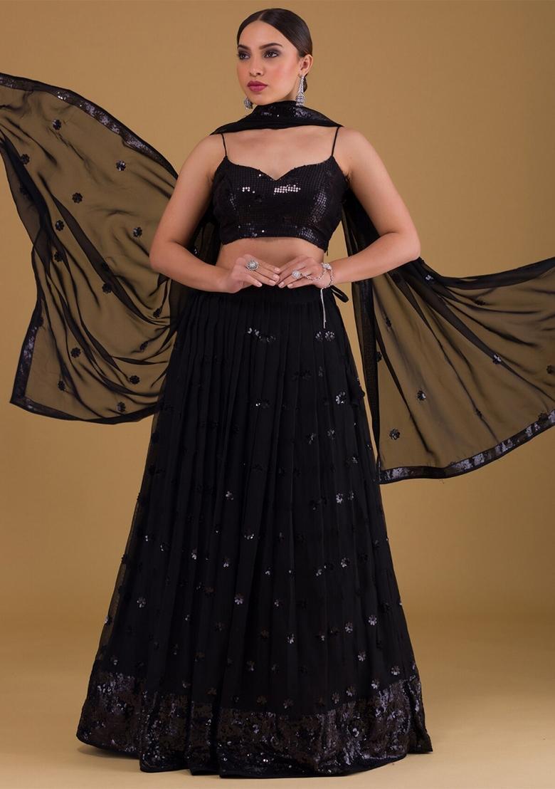 Black Embroidered Georgette Lehenga Set - Indya