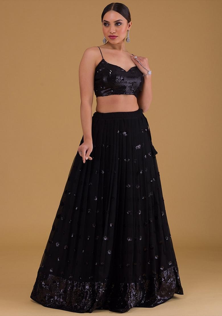 Black Embroidered Georgette Lehenga Set - Indya