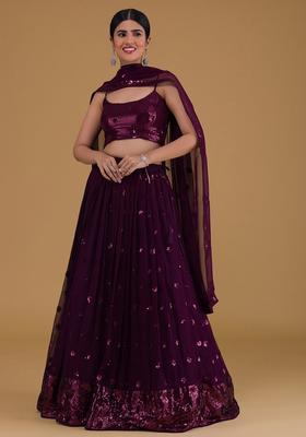 Purple Embroidered Georgette Lehenga Set