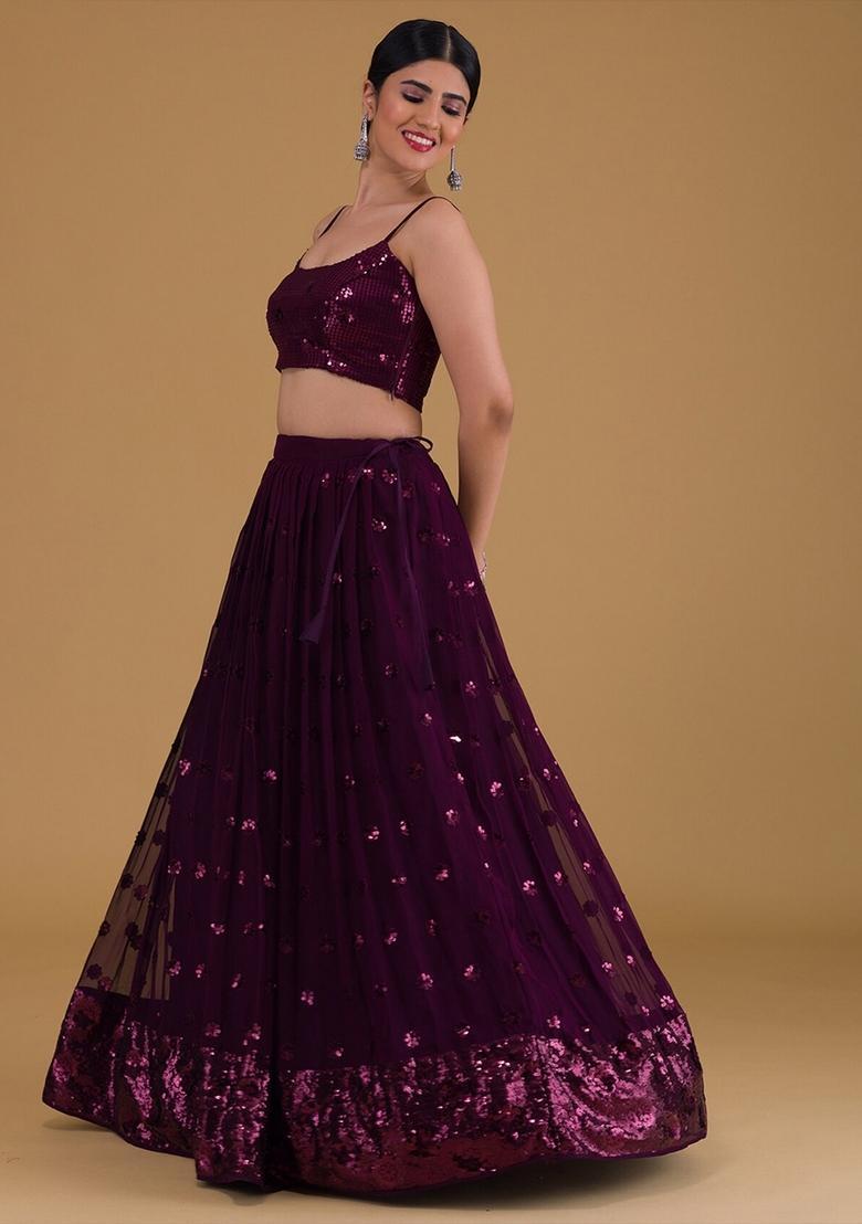 Purple Embroidered Georgette Lehenga Set - Indya