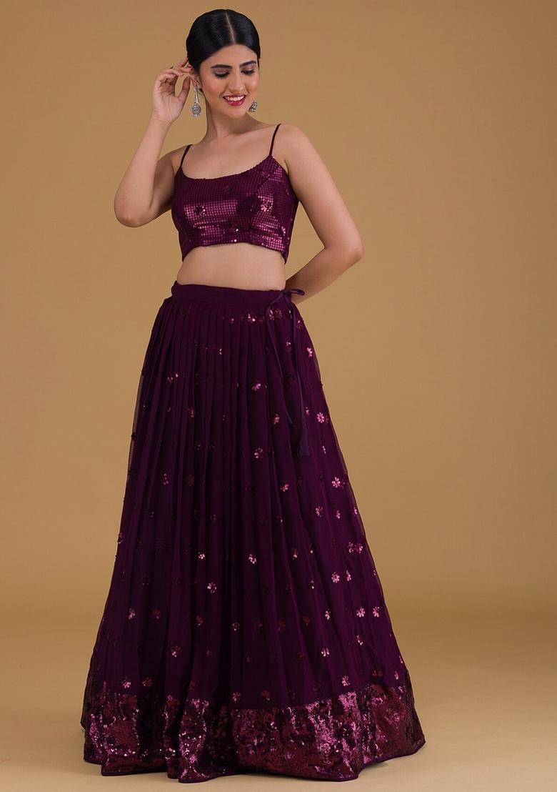 Purple Embroidered Georgette Lehenga Set - Indya