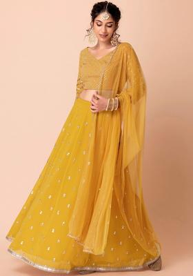 Yellow Embroidered Georgette Lehenga Set