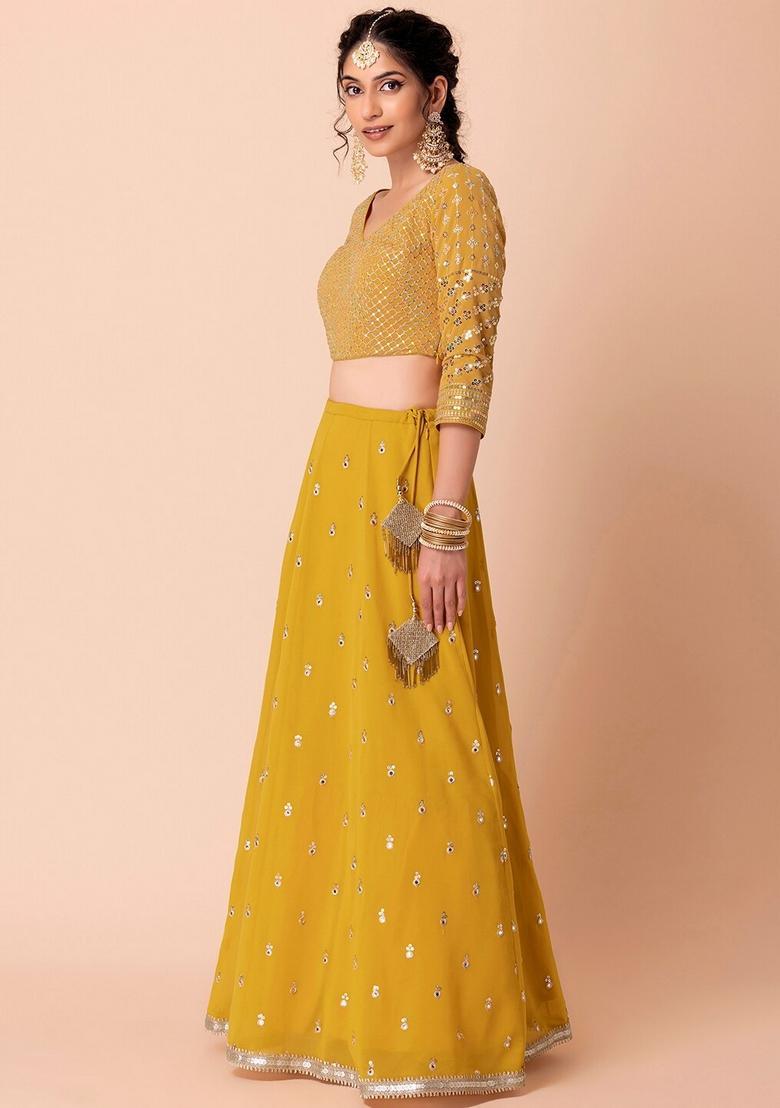 Yellow Embroidered Georgette Lehenga Set - Indya