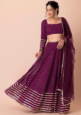 Wine Embroidered Georgette Lehenga Set