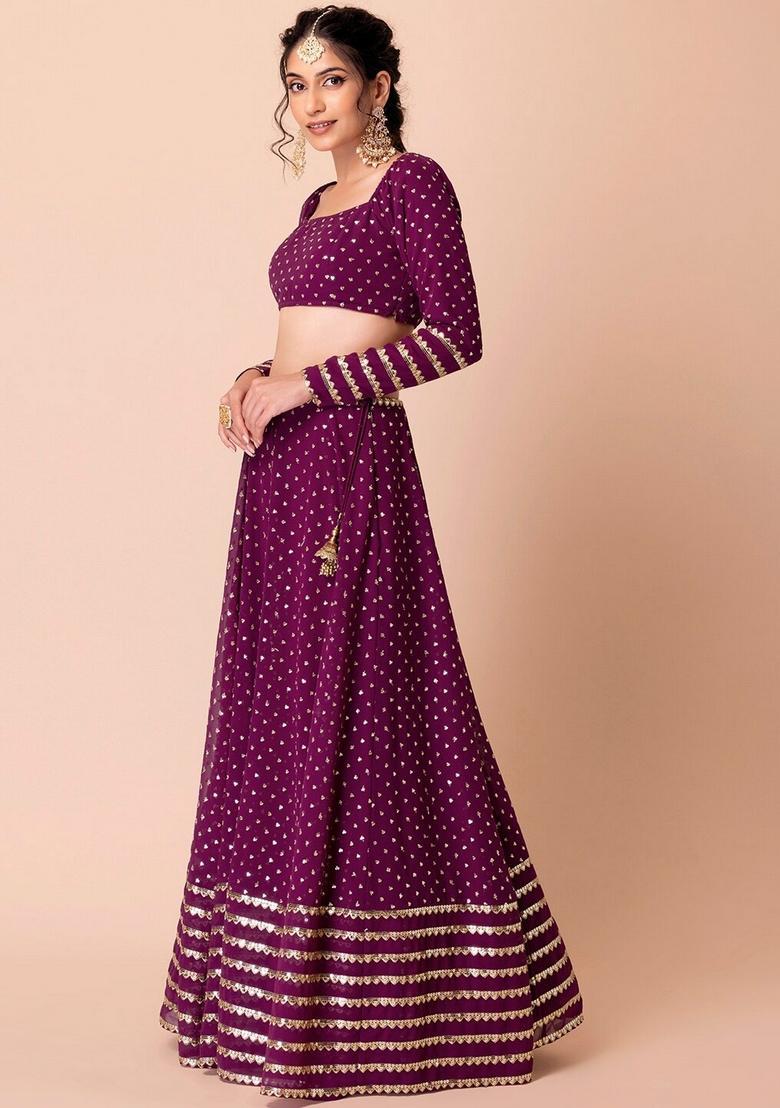 Wine Embroidered Georgette Lehenga Set - Indya