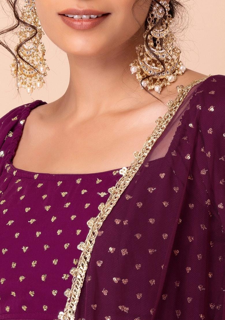 Wine Embroidered Georgette Lehenga Set - Indya