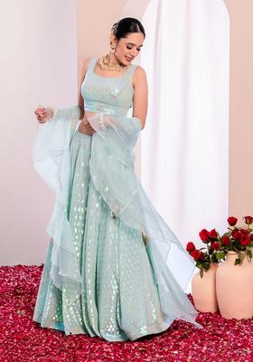 Blue Embroidered Georgette Lehenga Set