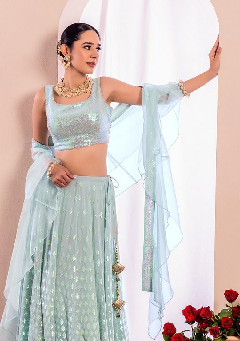 Blue Embroidered Georgette Lehenga Set - Indya