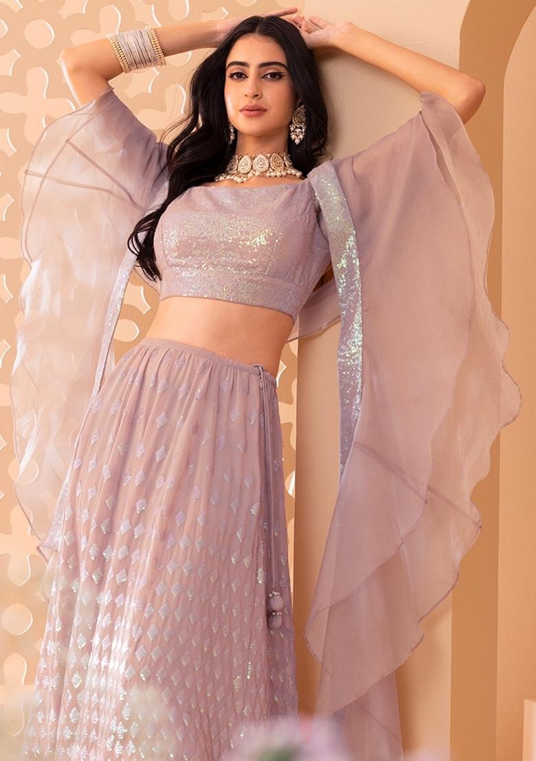Baby Pink Embroidered Georgette Lehenga Set - Indya