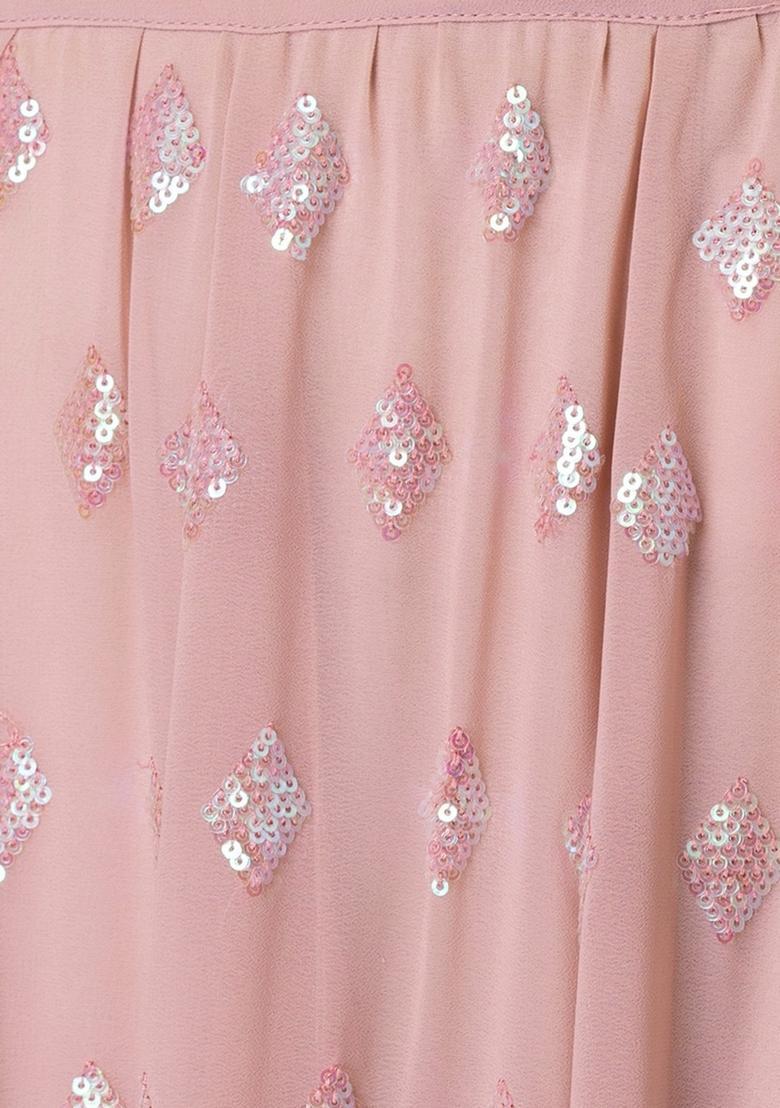Baby Pink Embroidered Georgette Lehenga Set - Indya