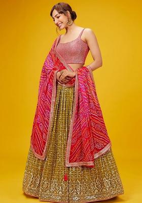 Olive Embroidered Georgette Lehenga Set