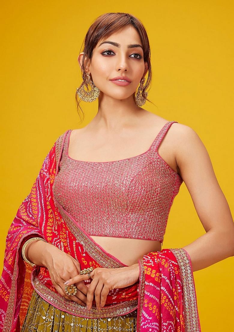 Olive Embroidered Georgette Lehenga Set - Indya
