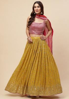 Yellow Embroidered Georgette Lehenga Set