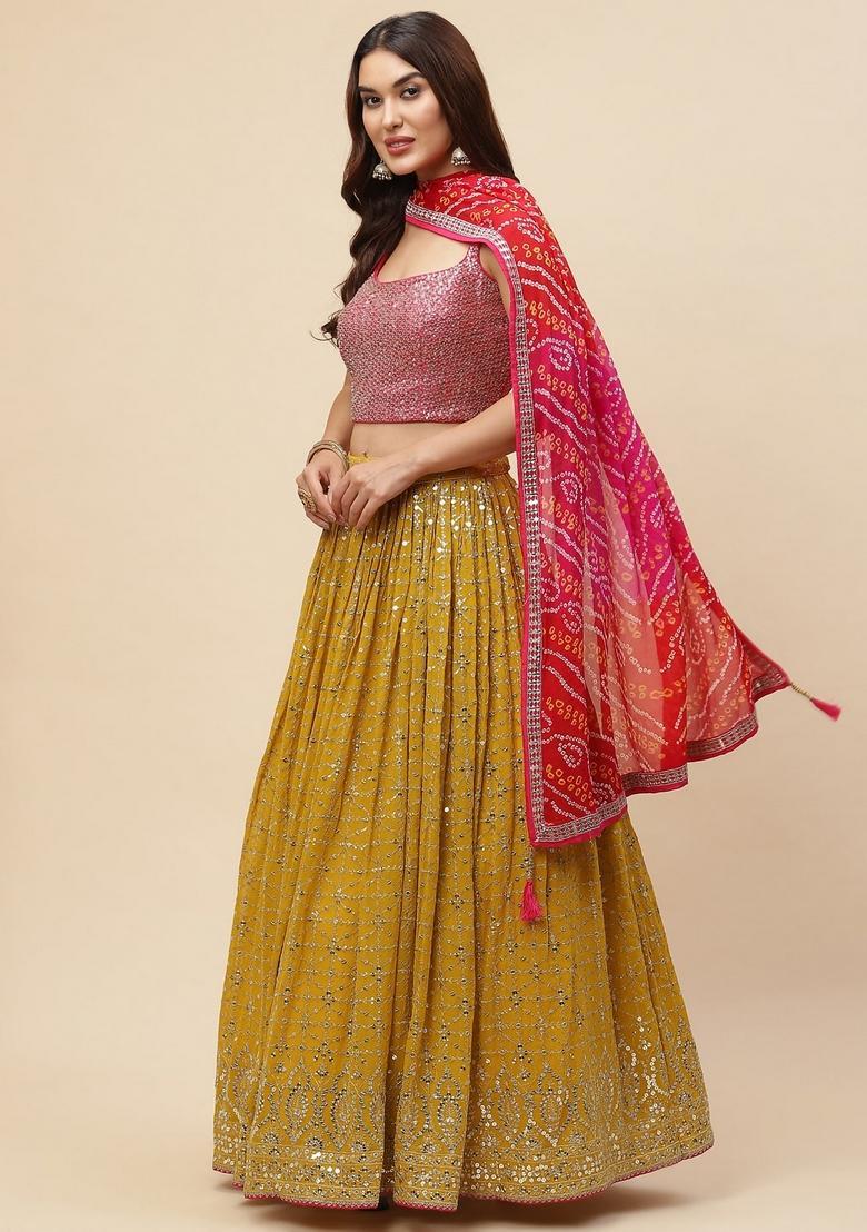 Yellow Embroidered Georgette Lehenga Set - Indya