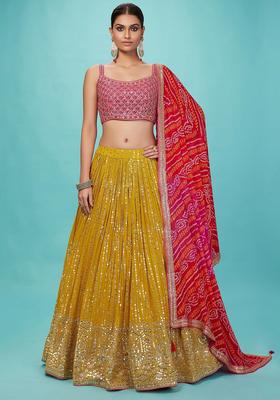 Yellow Embroidered Georgette Lehenga Set