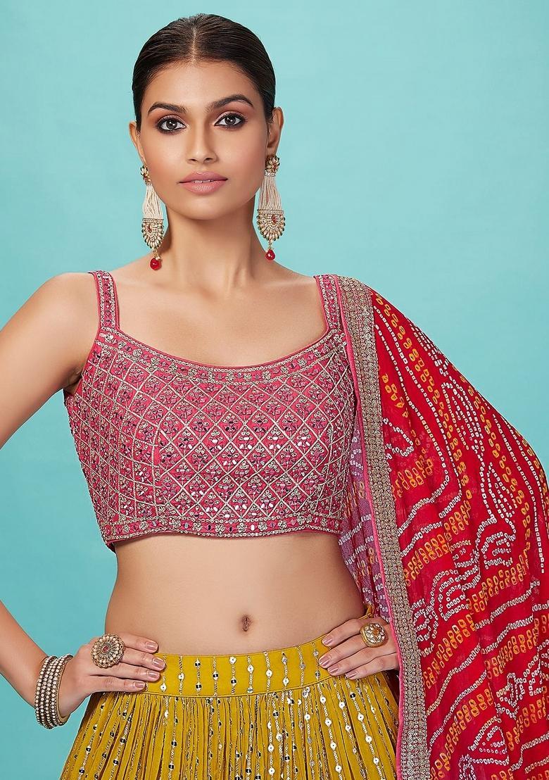 Yellow Embroidered Georgette Lehenga Set - Indya