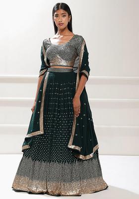 Green Embroidered Georgette Lehenga Set
