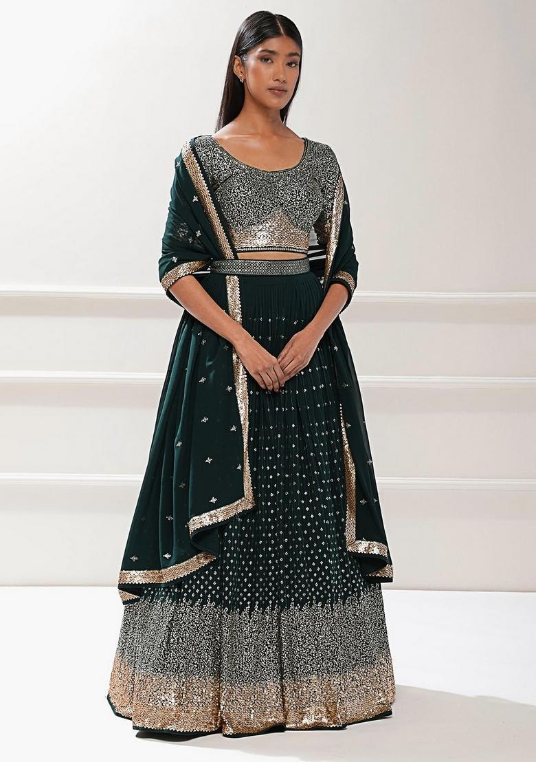 Green Embroidered Georgette Lehenga Set - Indya