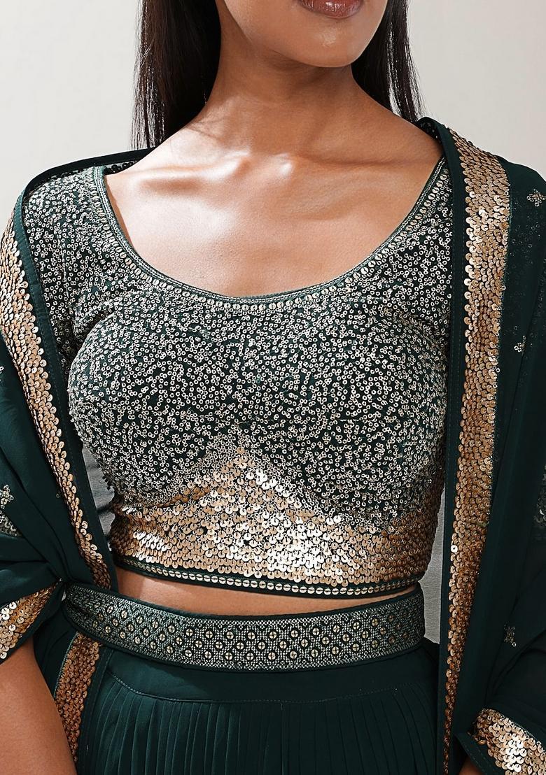 Green Embroidered Georgette Lehenga Set - Indya