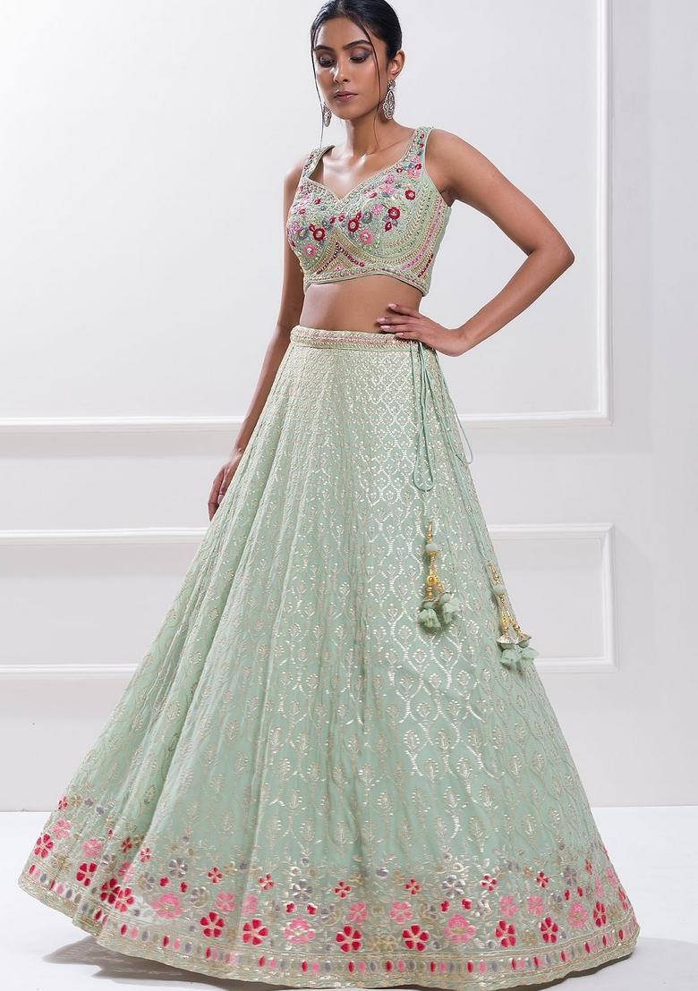 Sky Blue Embroidered Georgette Lehenga Set - Indya