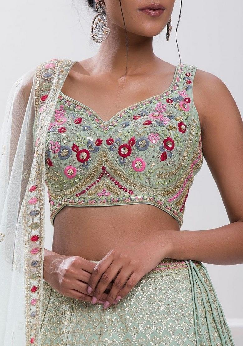 Sky Blue Embroidered Georgette Lehenga Set - Indya