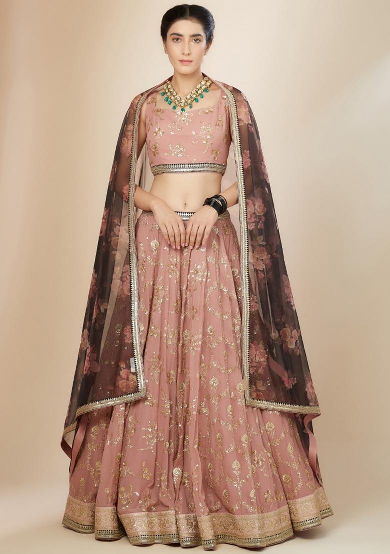 Pink Embroidered Georgette Lehenga Set - Indya