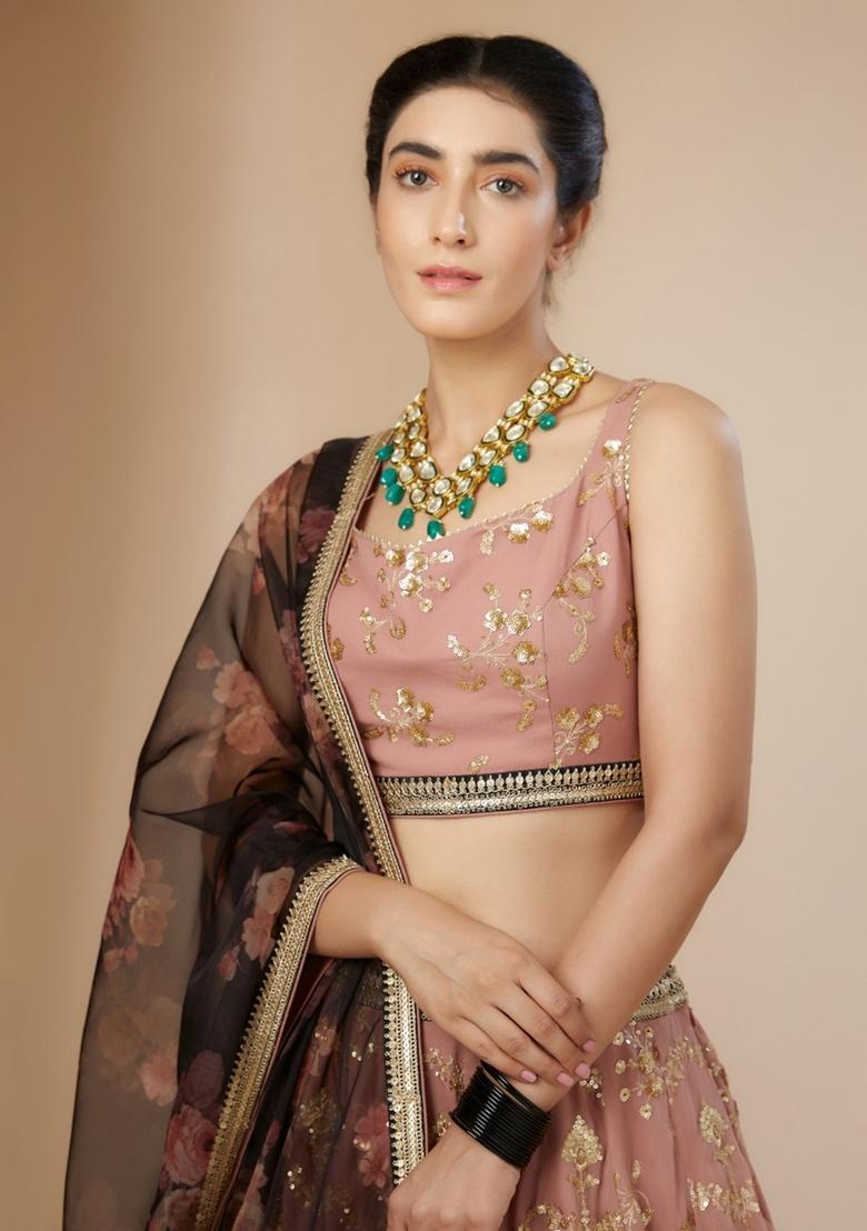 Pink Embroidered Georgette Lehenga Set - Indya