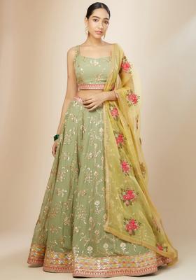 Light Green Embroidered Georgette Lehenga Set