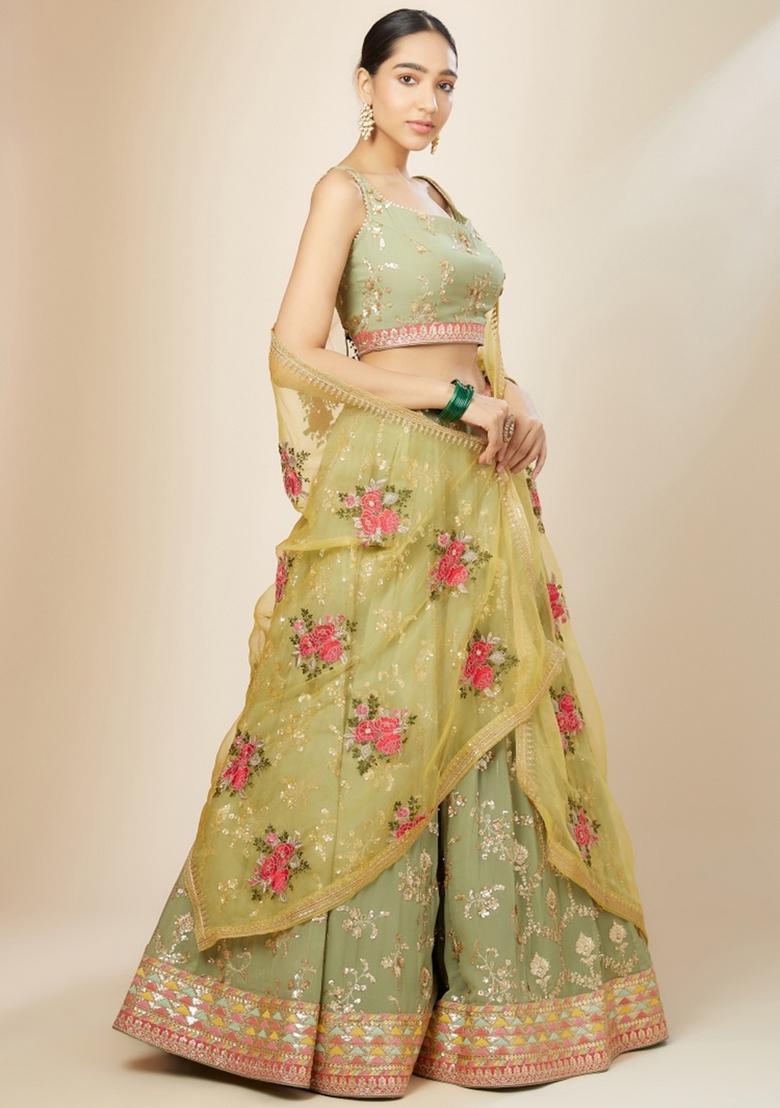 Light Green Embroidered Georgette Lehenga Set - Indya