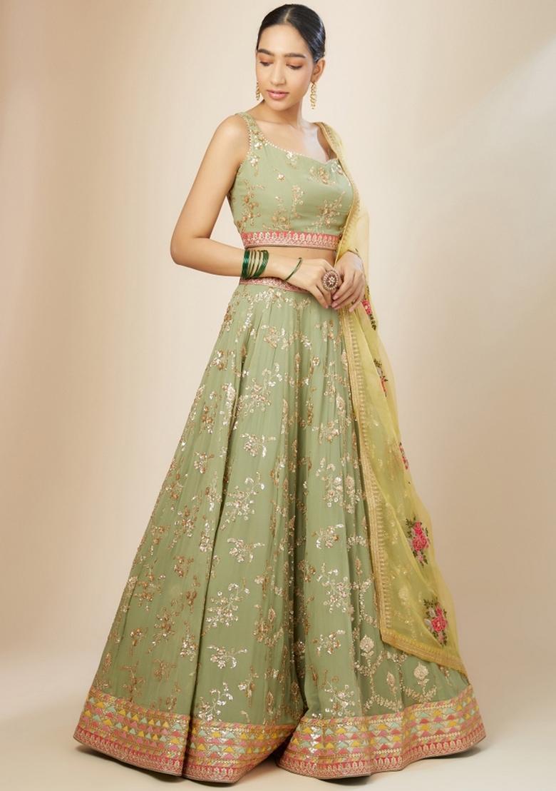 Light Green Embroidered Georgette Lehenga Set - Indya