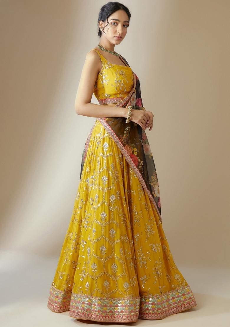 Yellow Embroidered Georgette Lehenga Set - Indya