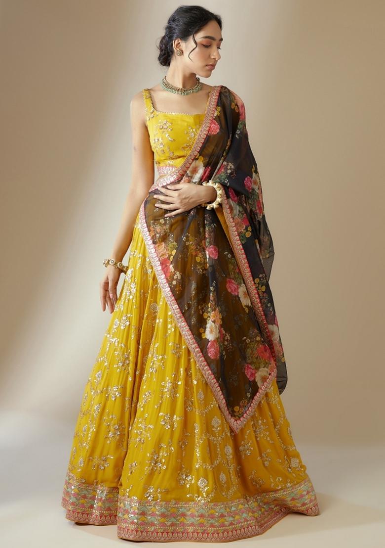 Yellow Embroidered Georgette Lehenga Set - Indya