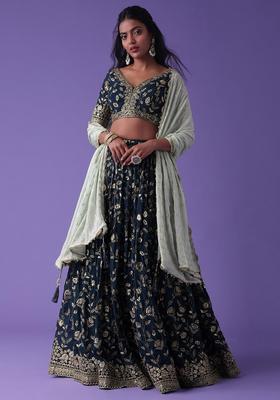 Blue Embroidered Georgette Lehenga Set