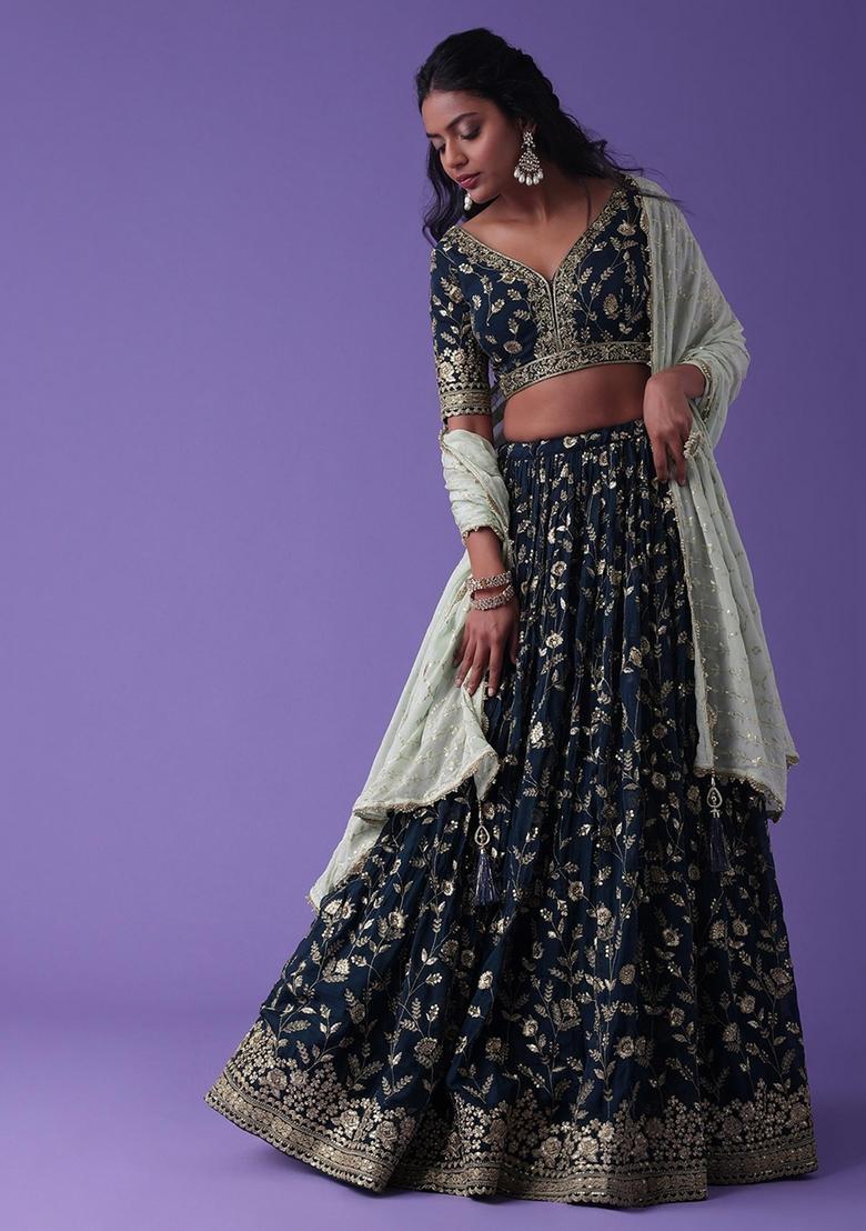 Blue Embroidered Georgette Lehenga Set - Indya