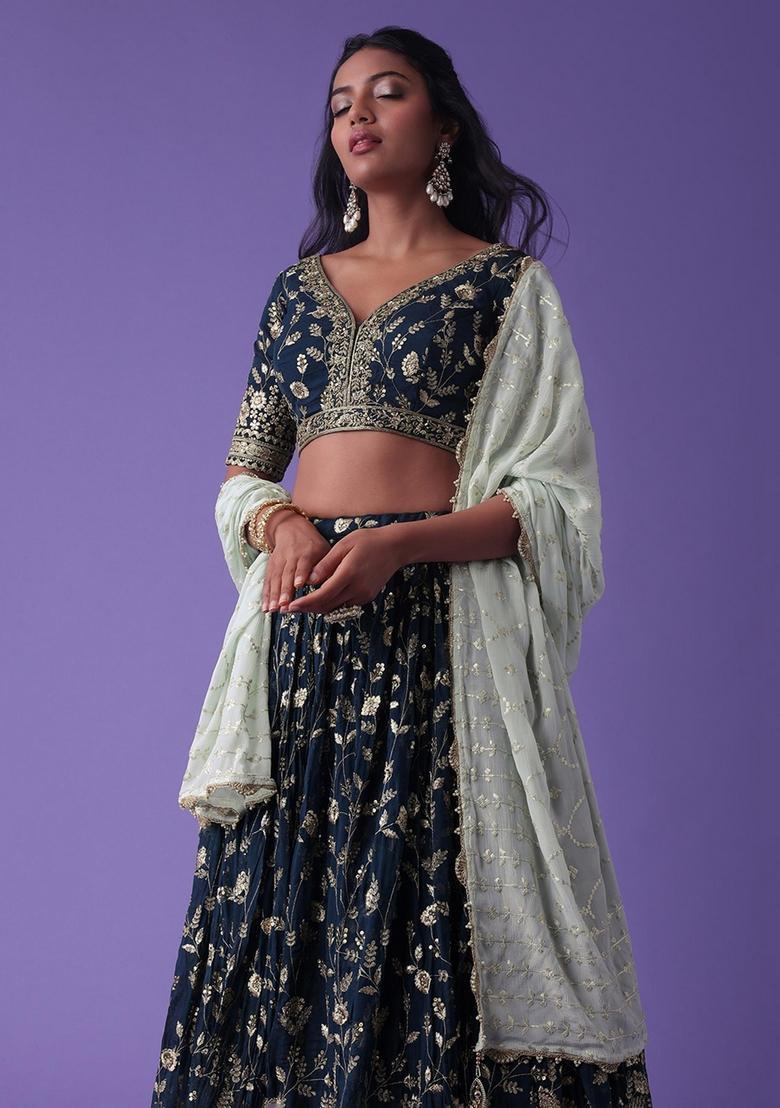 Blue Embroidered Georgette Lehenga Set - Indya