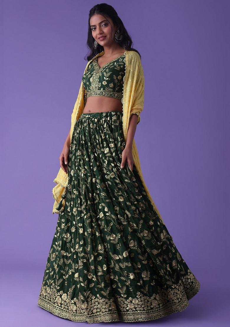 Green Embroidered Georgette Lehenga Set - Indya