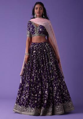 Purple Embroidered Georgette Lehenga Set