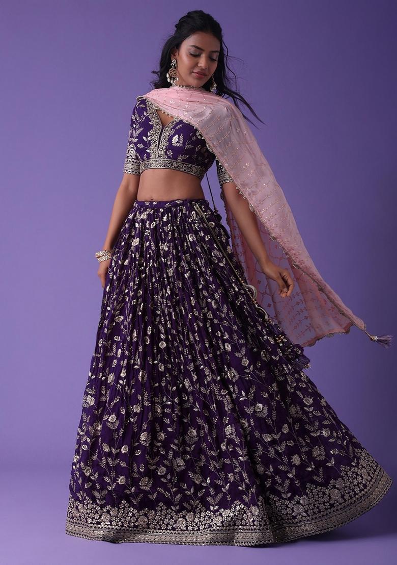 Purple Embroidered Georgette Lehenga Set - Indya