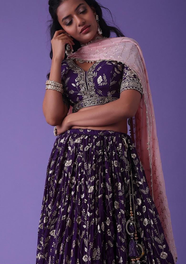 Purple Embroidered Georgette Lehenga Set - Indya