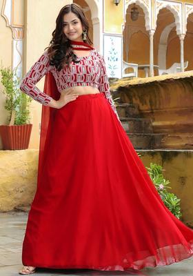 Red Embroidered Georgette Lehenga Set