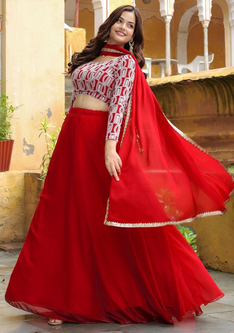 Red Embroidered Georgette Lehenga Set - Indya