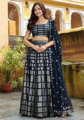 Blue Embroidered Net Lehenga Set