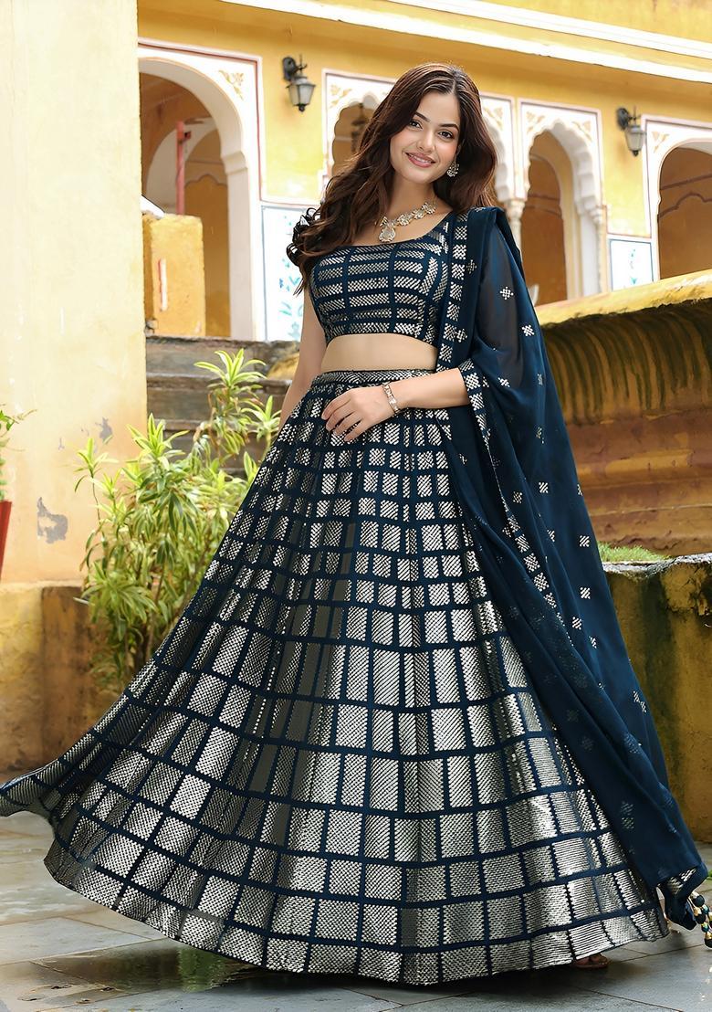 Blue Embroidered Net Lehenga Set - Indya