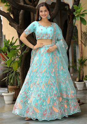 Sky Blue Embroidered Silk Lehenga Set