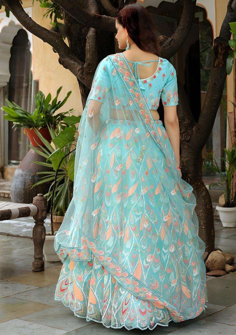 Sky Blue Embroidered Silk Lehenga Set - Indya