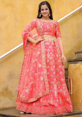 Peach Embroidered Net Lehenga Set